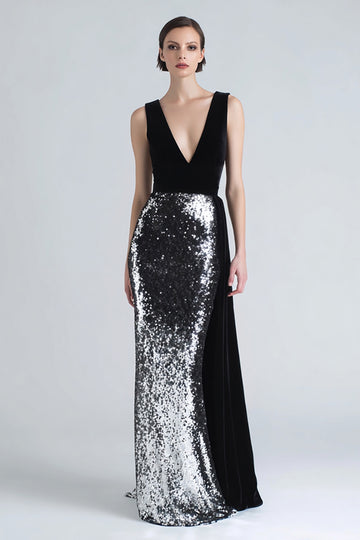 Sparkly Mermaid Black and Silver Velvet Formal Dress With Sash